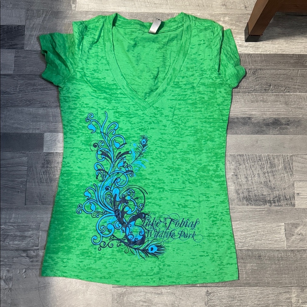 Next Level Apparel Green V-Neck Top with Blue Design
